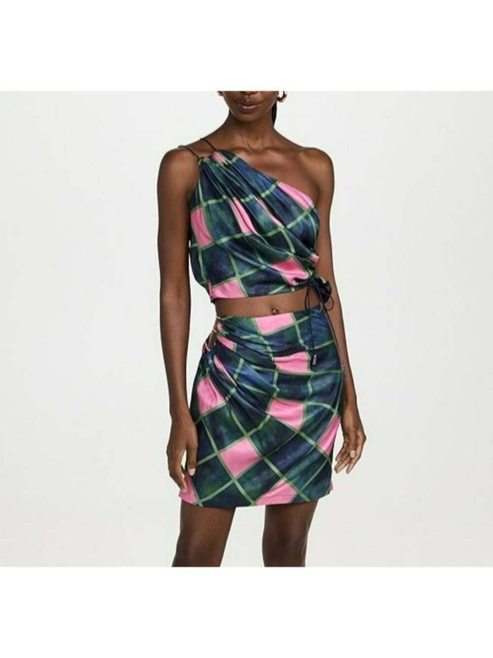 Ahluwalia $565 Side Cutout Ruched Satin Mini Skirt Pink Green Revolve Party Cute